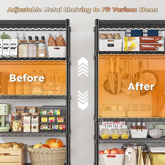 REIBII 76.1" H Storage Shelves Wire Shelving Unit Loads 1653 LBS, Metal Shelving with Wheels & Feet, 5 Tier Adjustable Metal Dorm Storage Shelves for Pantry Kitchen, Garage, Back to School Supplies