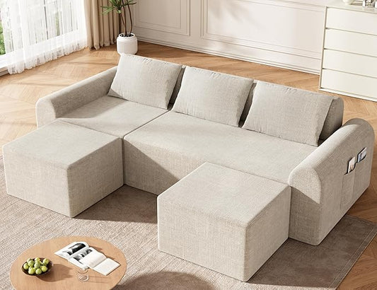 Cloud Sectional Couch with 2 Ottomans & 3 Pillows, U Shaped Modular Sofa for Living Room, Deep Seat Comfy Boneless Couch for Small Spaces, Chenille Fabric, No Assembly Required, 72H to Restore