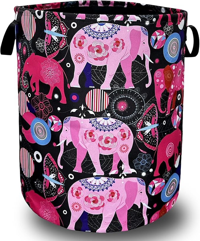 Pink Mandala Elephants Laundry Basket Foldable With Handles Boho Tote Bag Waterproof Oxford Cloth Colorful Laundry Hamper 18.9"x1 6.5 "Clothe Storage Bucket Toy Organizer For Bathroom/Laundry/Bedroom
