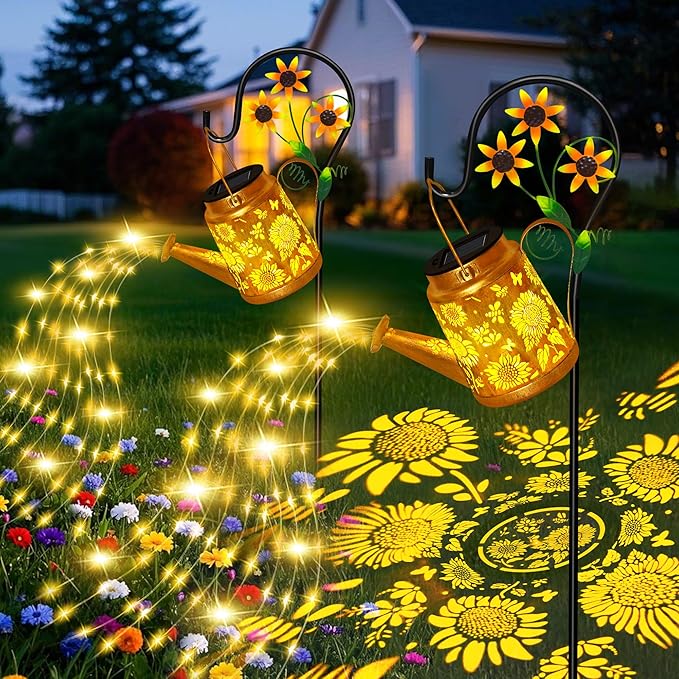 Sunflower Solar Watering Can Lights, Outdoor Waterproof Garden Lanterns with Shepherd Hook, Solar Garden Decor for Yard Outdoor Landscape Pathway Porch Patio, Gift for Women Mom Grandma, 2 Pack