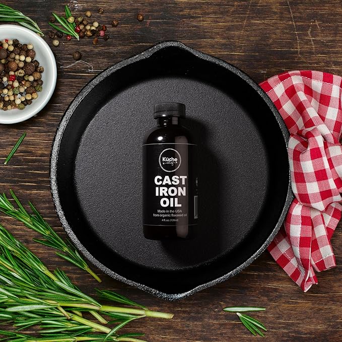Organic Cast Iron Oil & Cast Iron Conditioner – Made from Flaxseed Oil grown and pressed in the USA – Creates a Non-Stick Seasoning on All Cast Iron Cookware (240ml)