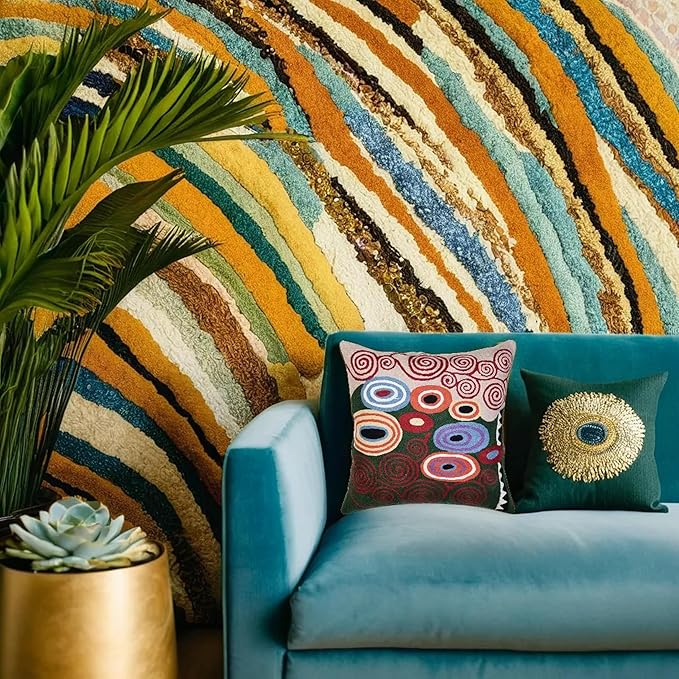 Klimt Green Modern Pillow Cover Needlepoint Throw Pillowcase Decorative Chair Cushion Farmhouse Couch Mid Century Sofa Cushions Hand Embroidered Wool Size 18x18