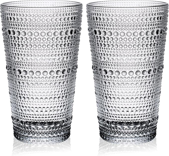 16oz Hobnail Highball Glasses[Set of 4] - Tall Water Glass Cup Glassware Set Fits New Home of Newlyweds, Dishwasher Safe, Stackable Design