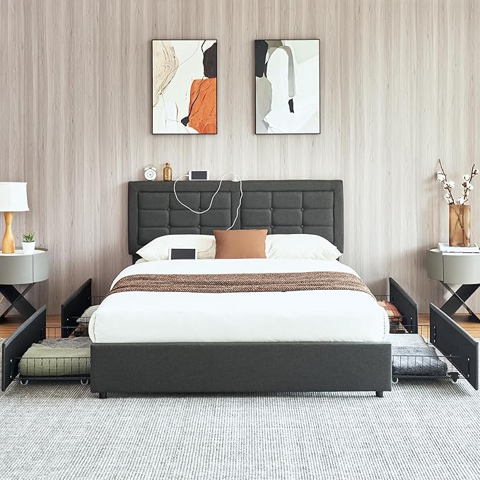 VECELO Full Size Bed Frame with 4 Drawers, Adjustable Tufted Button Headboard, Upholstered Platform with Wood Slats Support, Built-in USB and Type C Ports, Dark Gray