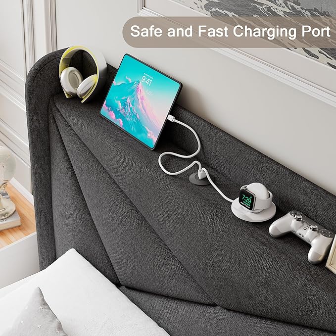 Twin Size Upholstered Bed Frame with Charging Station, Platform Bed Frame with Storage Headboard, Solid Wood Slats Support, No Box Spring Needed, Dark Gray