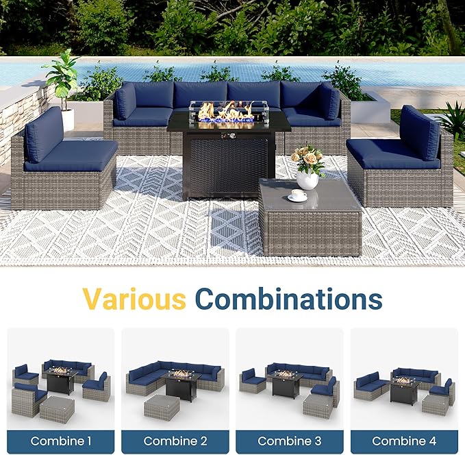 8 Pieces Outdoor Patio Furniture Set with 43" Fire Pit Table, Wicker Outdoor Patio Sectional Sofas Coffee Table, All-Weather Patio Conversation Set with Cushions for Garden Backyard, Navy Blue