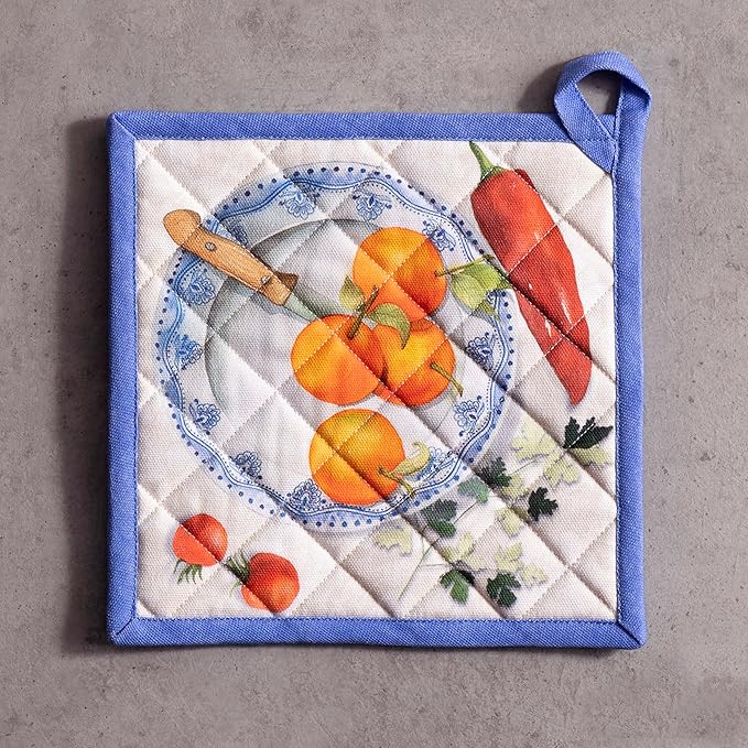 Maison d' Hermine 100% Cotton Oven Mitt & Pot Holder Set (7.5"x13" & 8"x8") Heat Resistant BBQ Cooking Gloves with Loop, Baking, Grilling, Kitchen, Handling Hot Pans Spring/Summer (Gourmand)