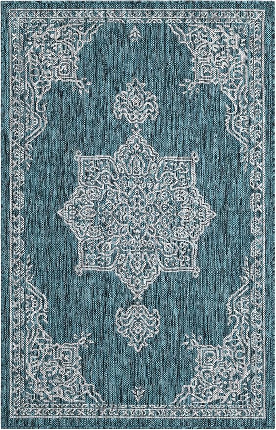 Unique Loom Outdoor Traditional Collection Area Rug - Antique (3' 1" x 5' 1" Rectangle Teal/Ivory)