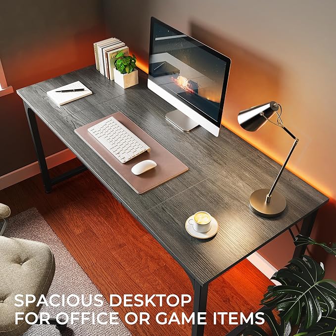 Huuger Computer Gaming Desk, 63 Inch Office Desk With Storage, Writing Work Surface for Home Office, Study, Modern Simple Style, Large Legroom, Metal Frame, Grey