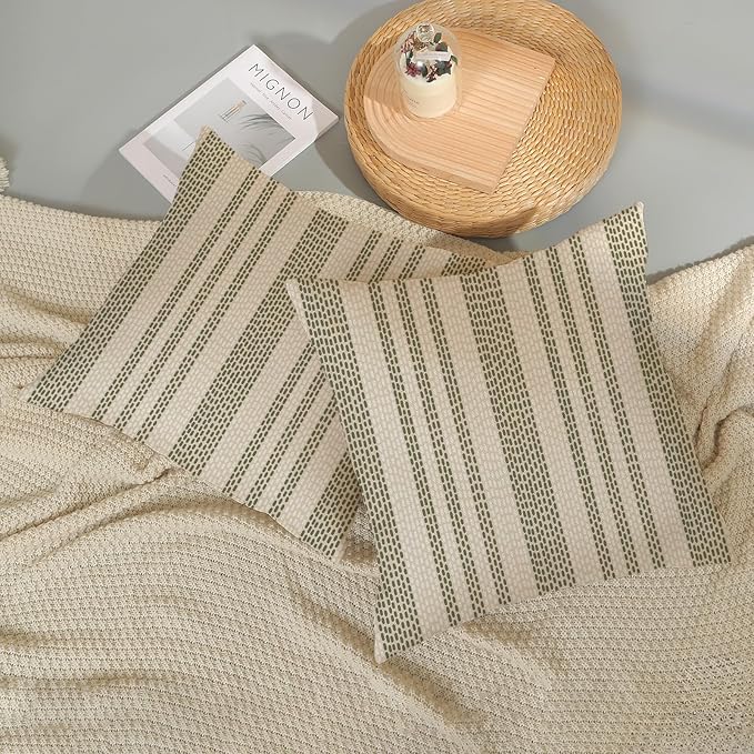 Boho Pillow Covers 18x18 Pack of 2 Sage Green Polka Dot Stripes Throw Pillow Covers Bohemian Abstract Modern Decorative Pillowcase Farmhouse Linen Cushion Case for Home Sofa,Outdoor Decoration