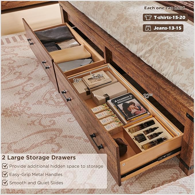 RedLemon Farmhouse Queen Size Bed Frame w/ 54" Tall Geometric Headboard, Rustic Wood Platform Bed w/ 2 Large Storage Drawers, Wood Slats Support, Noise Free, No Box Spring Needed, Reclaimed Barnwood