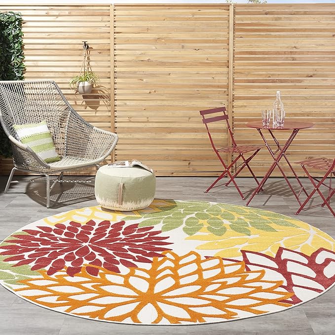 Nourison Home Aloha 94" Round Fabric Indoor/Outdoor Rug in Red Multi-Color