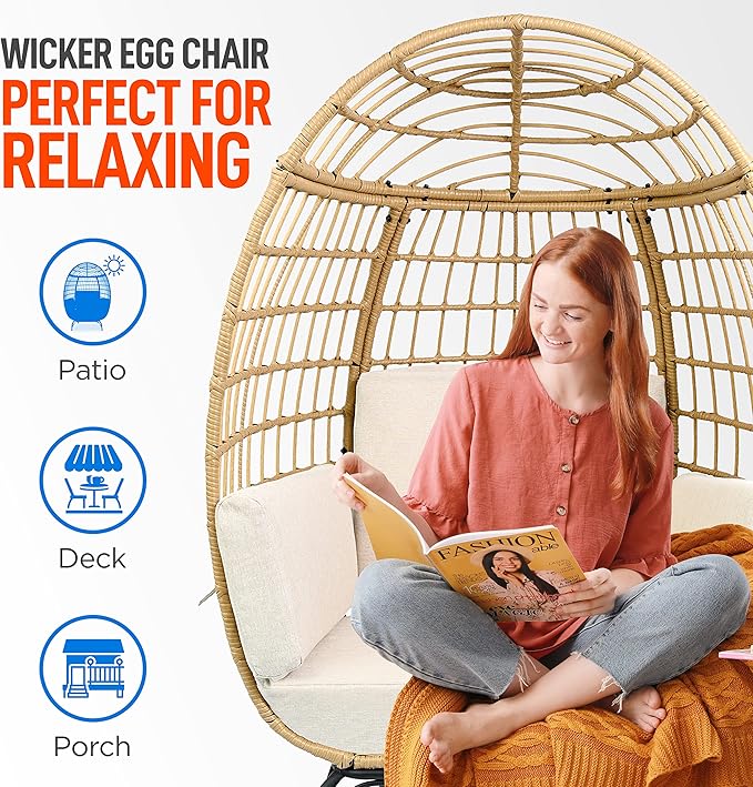 SereneLife Jovial Wicker Rattan Egg Chair,Indoor Outdoor White Sofa Chair for Patio Backyard and Living Room with 4 Cushions and Powder Coated Steel Frame,Woven Texture Contemporary Ribbed Back Design
