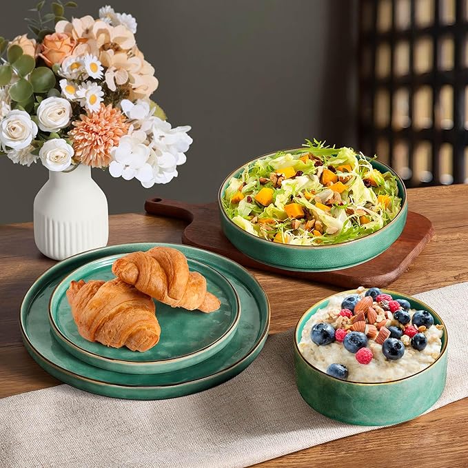 LIANYU 16 Piece Dinnerware Sets with Double Bowls, Plates and Bowls Dish Set for 4, Ceramic Dinner Ware Dishware for Kitchen Dining, Microwave & Dishwasher Safe, Emerald Green