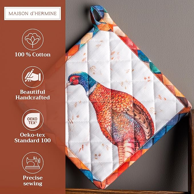 Maison d' Hermine Pot Holders 100% Cotton Heat Resistant Potholders 8" x 8" Hot Pads with Loop for Thanksgiving Christmas Decorations BBQ Cooking Baking Handling Hot Pans (Pack of 1, Faisan D'Automne)