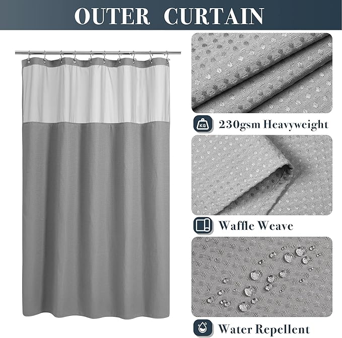 N&Y HOME Stall Waffle Shower Curtain with Snap-in Fabric Liner & Hooks Set - 54" x 78" Shower Stall Size, Hotel Style & Mesh Top Window, Machine Washable - 54x78, Gray