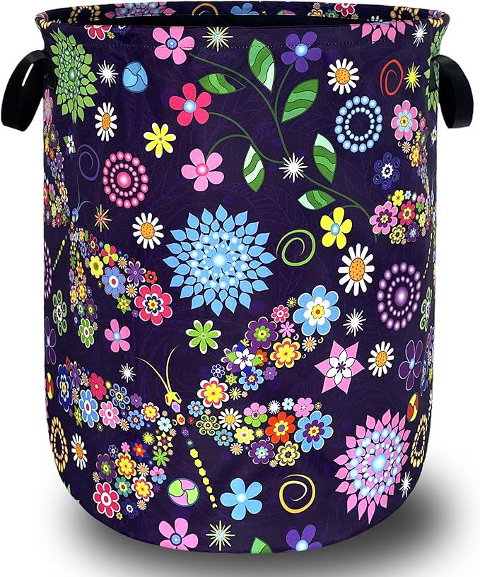 Colorful Hippie Flowers Dargonfly Laundry Basket Foldable Oxford Cloth Laundry Hamper With Handle Portable Clothes Storage Basket 18.9 X 16.5 Inch Storage Bag For Laundry Room/Bathroom/Bedroom