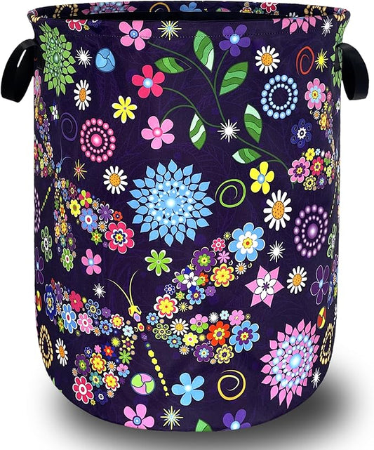 Colorful Hippie Flowers Dargonfly Laundry Basket Foldable Oxford Cloth Laundry Hamper With Handle Portable Clothes Storage Basket 18.9 X 16.5 Inch Storage Bag For Laundry Room/Bathroom/Bedroom
