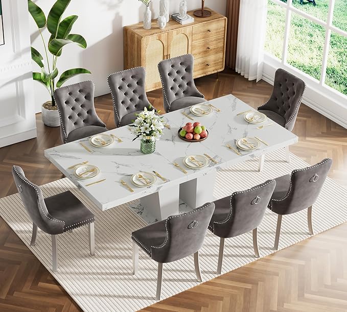 Goujxcy 9-Piece Extendable Dining Table Set for 6-8 People 63-78 Inch Kitchen Table Set with 8 Grey Upholstered Chairs Modern White Faux Marble Rectangular Dining Room Table Set for Kitchen Apartment