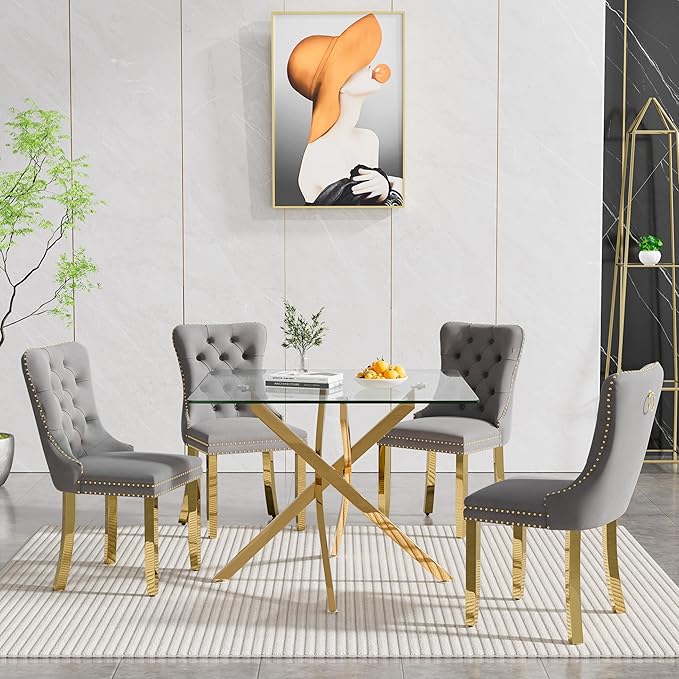 Goujxcy Glass Dining Table Set for 4, Modern Kitchen Table and Chairs Set of 4, 5-Piece Kitchen Dining Room Table Set w/36 Square Gold Glass Dining Table and 4 Grey Velvet Upholstered Chairs