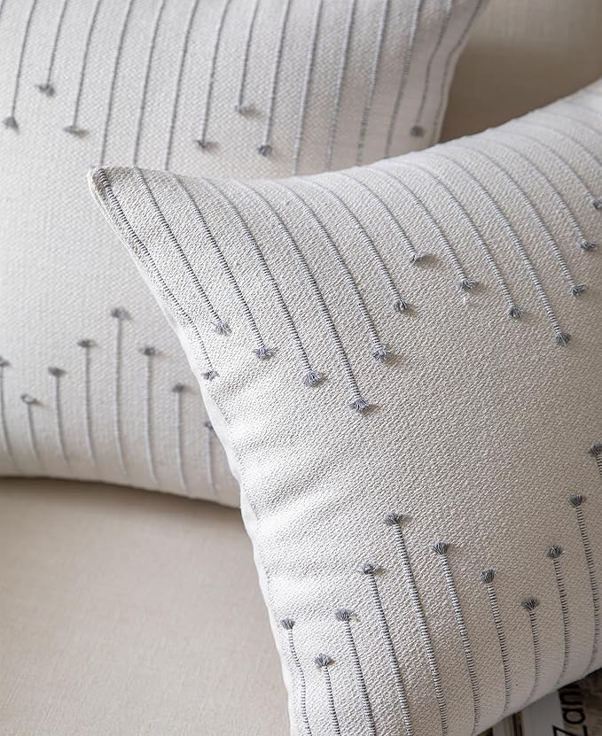 Caflife Boho Throw Pillow Covers 24x24 Set of 2 Decorative Pillows for Bed, Neutral Pillow Covers Beige with Grey Line Throw Pillows for Modern Farmhouse Couch Sofa Living Room Outdoor
