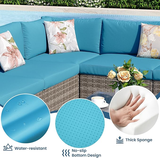 8 Pieces Outdoor Patio Furniture Set with 43" Fire Pit Table, Wicker Outdoor Patio Sectional Sofas Coffee Table, All-Weather Patio Conversation Set with Cushions for Garden Backyard, Light Blue