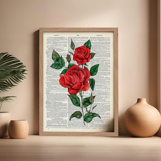 Poster Master Dictionary Art Poster - Red Roses Print - Flower Art - Floral Art - Gift for Men, Women & Florist - Minimal Decor for Living Room, Bedroom, Dorm or Flower Shop, 16x20 Beige Framed