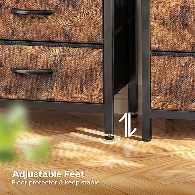 Huuger 5 Drawers Dresser with Charging Station, Set of 2, Dresser for Bedroom, Tall Night Stand, Chest of Drawers with Open Shelf, Bedside Table Nightstand, Fabric, Rustic Brown