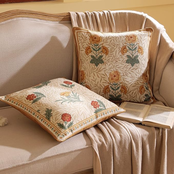 patdrea Designer Throw Pillow Covers for Couch 18"x18",Vintage French Linen Pillows Cover with Daisy Floral Pattern,Beige Soft Farmhouse Decorative Square Cushion for Bed,Outdoor,Set of 2