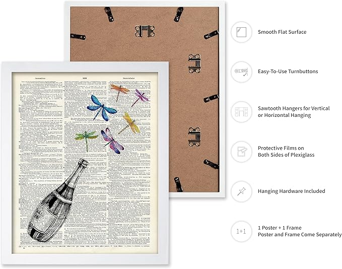 Poster Master Dictionary Art Poster - Champagne Bottle Print - Dragonfly Art - Alcohol Art - Gift for Men, Women & Bartender - Great Decor for Bar, Kitchen or Restaurant, 11x14 White Framed