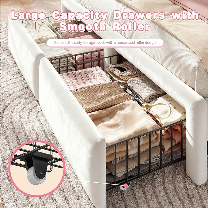 EnHomee Full Size Bed Frame with LED, Velvet Upholstered Headboard and 2 Drawers, Platform Bed Frame with Height Adjustable Headboard, Strong Support, No Box Spring Needed, Easy Assembly, Cream