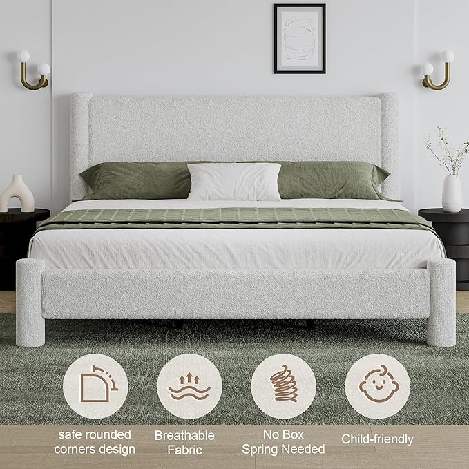 King Size Bed Frame, Boucle Upholstered Platform Bed with Headboard and Footboard, Soft Rounded Corners, No Box Spring Required, Easy Assembly, White