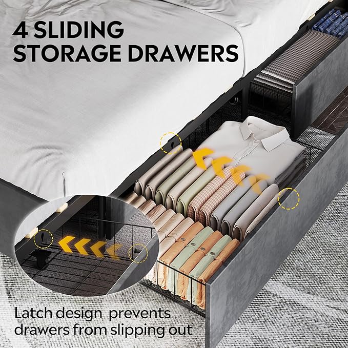 WLIVE Queen Size Upholstered Bed Frame with 4 Drawers and Velvet Square Tufted Headboard, Sturdy Metal & Wooden Slats Support, No Box Spring Needed, Easy Assembly, Dark Grey