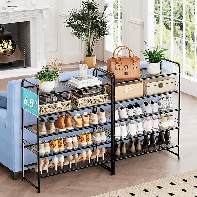 SUFAUY Shoe Rack, 5-Tier 33" Wide Shoe Storage Rack for 24-30 Pairs of Shoes, Mesh Shoe Organizer for Entryway Closet, Steel Frame, Industrial, Black