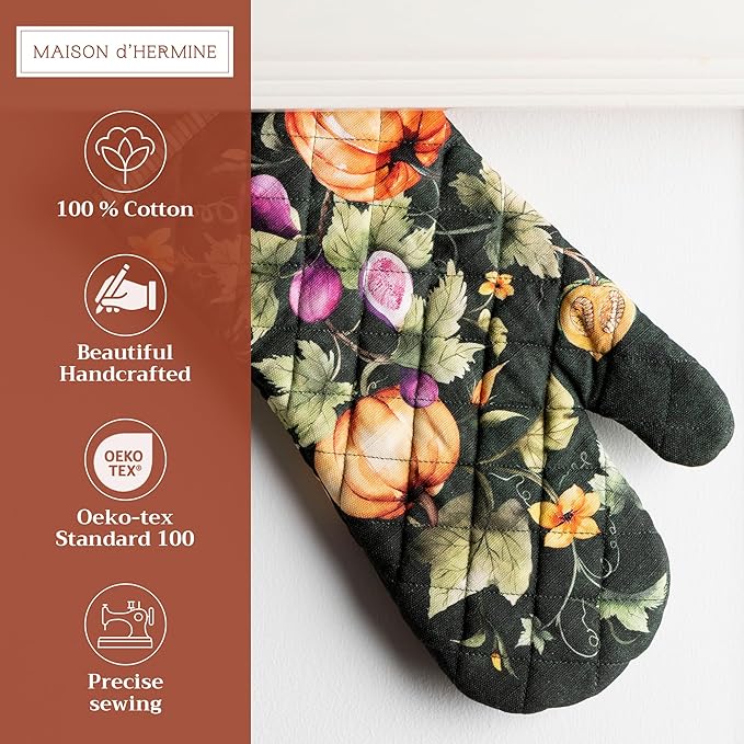 Maison d' Hermine Oven Gloves 100% Cotton Oven Mitt 7" x 13" with Loop Heat Resistant Cooking Gloves for Thanksgiving Christmas Decorations Handling Hot Pans (Pack of 1, Pumpkin Garden - Dark Green)