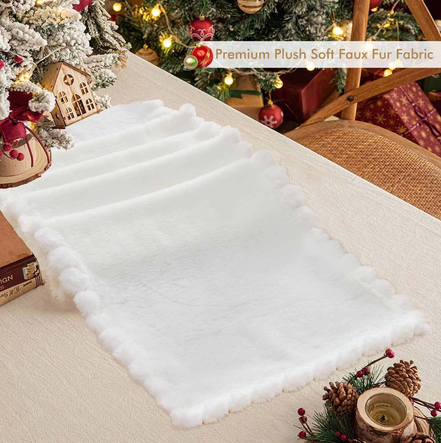 Baccessor White Faux Fur Table Runner, Thanksgiving Christmas Winter Fluffy Table Runner Home Kitchen Dinning Coffee Table Center Dressing Dresser Cover Party Indoor Decor 13x72 Inch