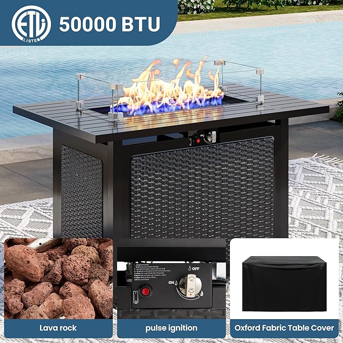 8 Pieces Outdoor Patio Furniture Set with 43" Fire Pit Table, Wicker Outdoor Patio Sectional Sofas Coffee Table, All-Weather Patio Conversation Set with Cushions for Garden Backyard, Light Blue