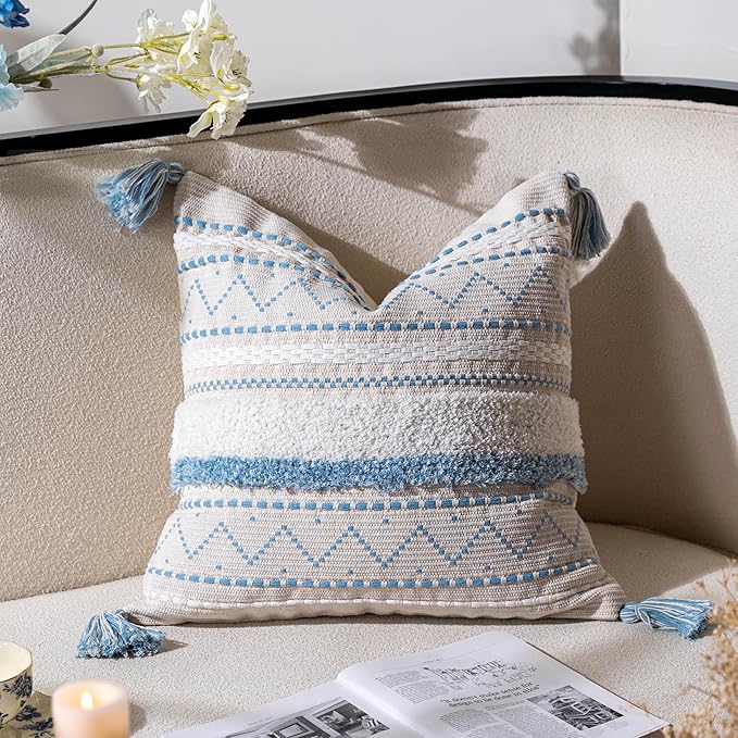 Blue Decorative Throw Pillow Cover 20x20 Square Boho Neutral White Accent Pillowcase Tassels Farmhouse Cushion for Couch Sofa Bedroom Living Room Home Décor (Cover ONLY, Pack of 1)