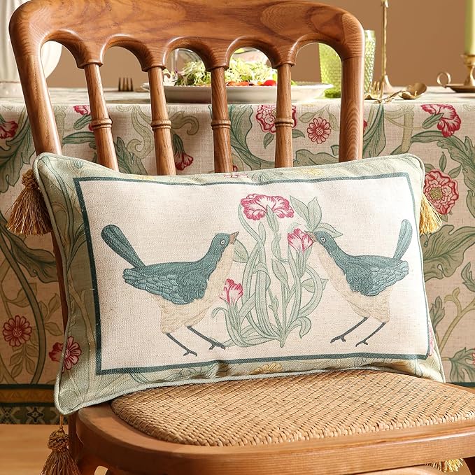 patdrea Designer Pack of 2 Rectangle Throw Pillow Covers,French Vintage Rustic Linen with Green Floral Pattern Pillows Cover,Decorative Lumbar Pillowcases Cushion for Bed Living Room,12"x20"