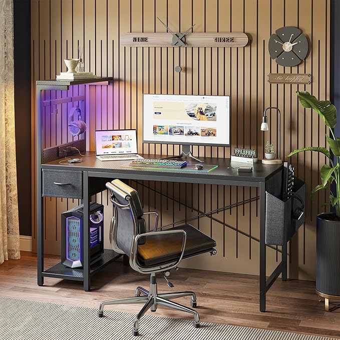 TIQLAB Gaming Desk 40 inch with Power Outlet and LED Light, Computer Desk with Reversible Shelves and Storage Drawer, Small PC Desk for Home Office Table with Bag, Carbon Fiber Black
