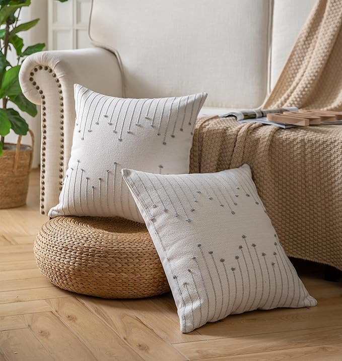Caflife Boho Throw Pillow Covers 20x20 Set of 2 Decorative Pillows for Bed, Neutral Pillow Covers Beige with Grey Line Throw Pillows for Modern Farmhouse Couch Sofa Living Room Outdoor