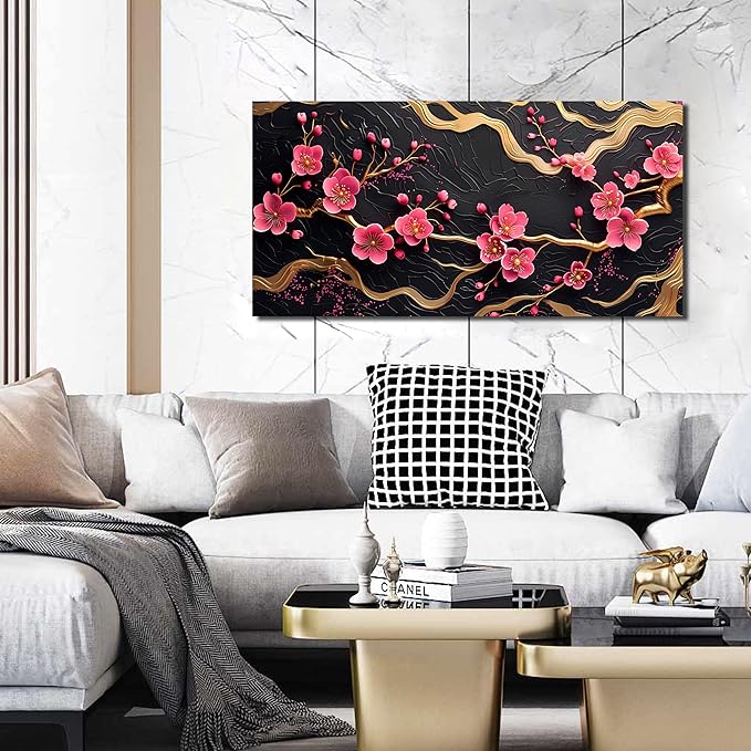 CANEITO Flower Wall Art for Bedroom, Plum Blossom Tree Canvas Wall Decor for Living Room, Red Black and Gold Picture Print Artwork for Office, Size 40 x 20 Inches
