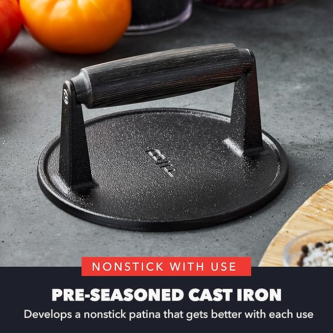 GreenPan x Bobby Flay Smash Burger Press, 6.5" Cast Iron Round Grill Press, Smashed Burgers, Heavy-Duty, Wood Handle, Cookouts & BBQ Tool for Juicy & Crispy Hamburgers Bacon Sandwich, Flat Top Griddle