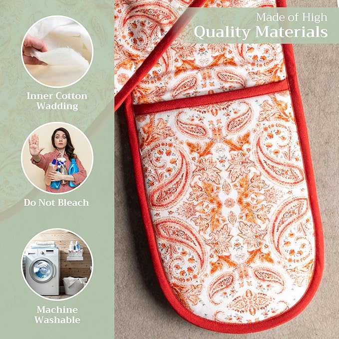 Maison d' Hermine Double Oven Mitt (7" x 35") 100% Cotton Heat Resistant BBQ Cooking Gloves with Loop for Thanksgiving Christmas Decorations Baking Cooking Barbeque Handling Hot Pan (Orient)