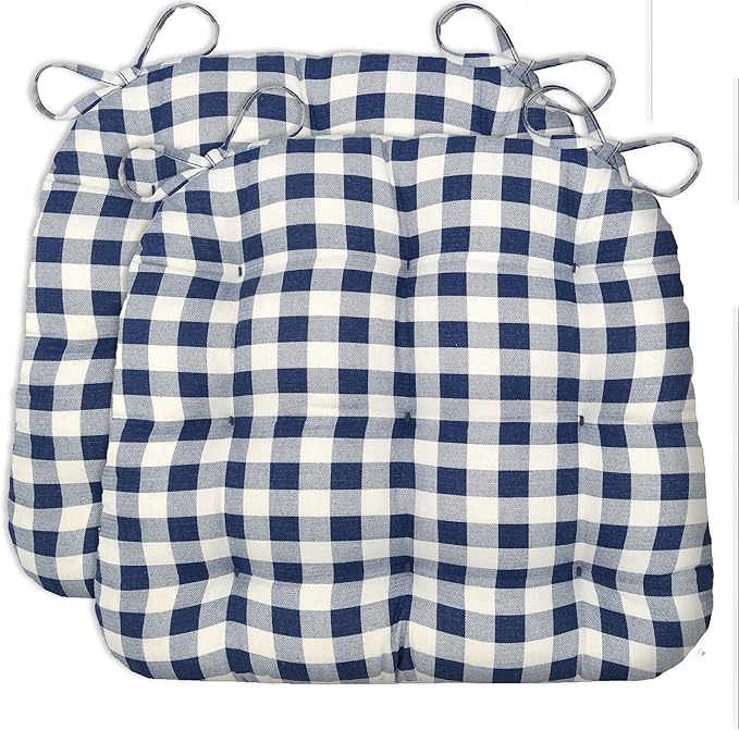 Barnett Home Decor Dining Chair Cushions with Ties – Small 15 x 17 - Latex Foam Fill, 100% Cotton, Machine Washable Chair Pads for Kitchen Chairs, Made in USA (Classic Check Navy Blue/Pack of 2)