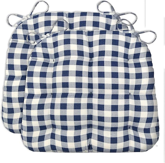 Barnett Home Decor Dining Chair Cushions with Ties – Small 15 x 17 - Latex Foam Fill, 100% Cotton, Machine Washable Chair Pads for Kitchen Chairs, Made in USA (Classic Check Navy Blue/Pack of 2)