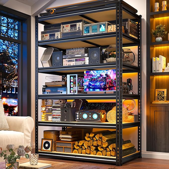 84" H Garage Shelving, 6 Tier Storage Shelves Load 3000 lbs, Adjustable Garage Shelves, Metal Shelving Unit for Warehouse, Basement, Pantry, 40" Wx 16" D x 84" H, Black