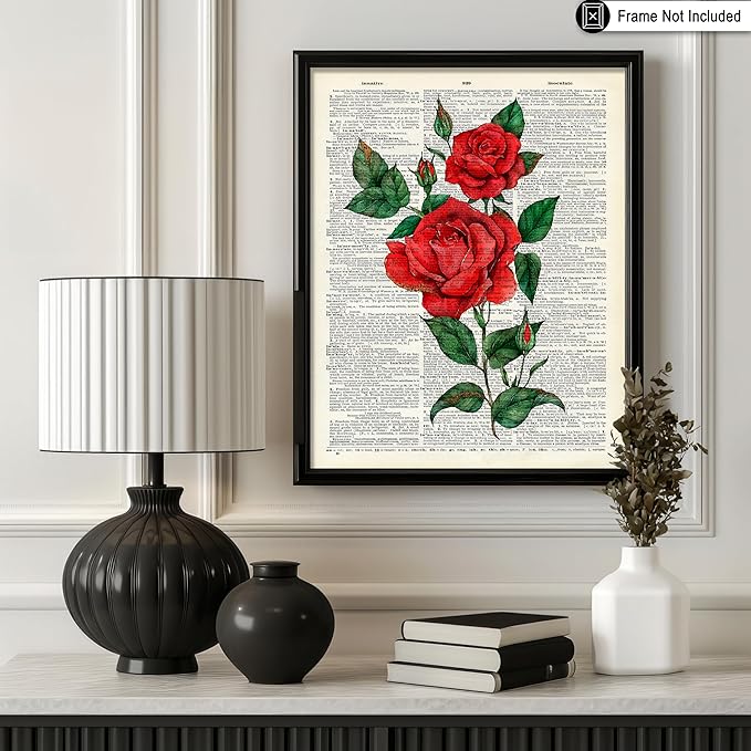 Poster Master Dictionary Art Poster - Red Roses Print - Flower Art - Floral Art - Gift for Men, Women & Florist - Minimal Decor for Living Room, Bedroom, Dorm or Flower Shop - 16x20 UNFRAMED Wall Art
