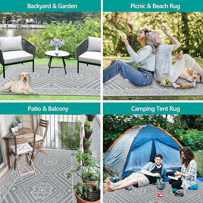 Waterproof Outdoor Rug 4x6 ft, Reversible Plastic Straw Mat, Large Floor Mat for Patio, Camping, Picnic, Backyard RV, Deck, Grey