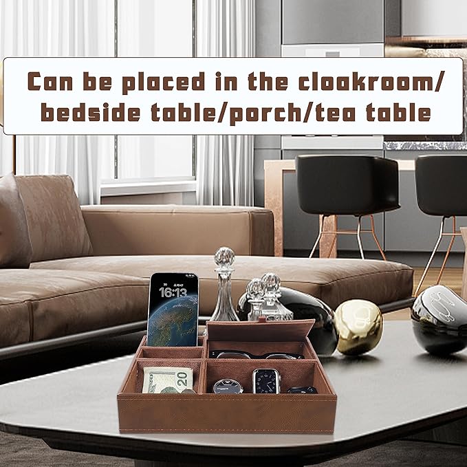 Zcaukya Men's Valet Tray, Jewelry Box Nightstand Organizer with 5 Compartments for Phone Keys Wallet Watch Glasses, Faux Leather Dresser Entryway Catchall Holder for Father's Day Gift (Brown)